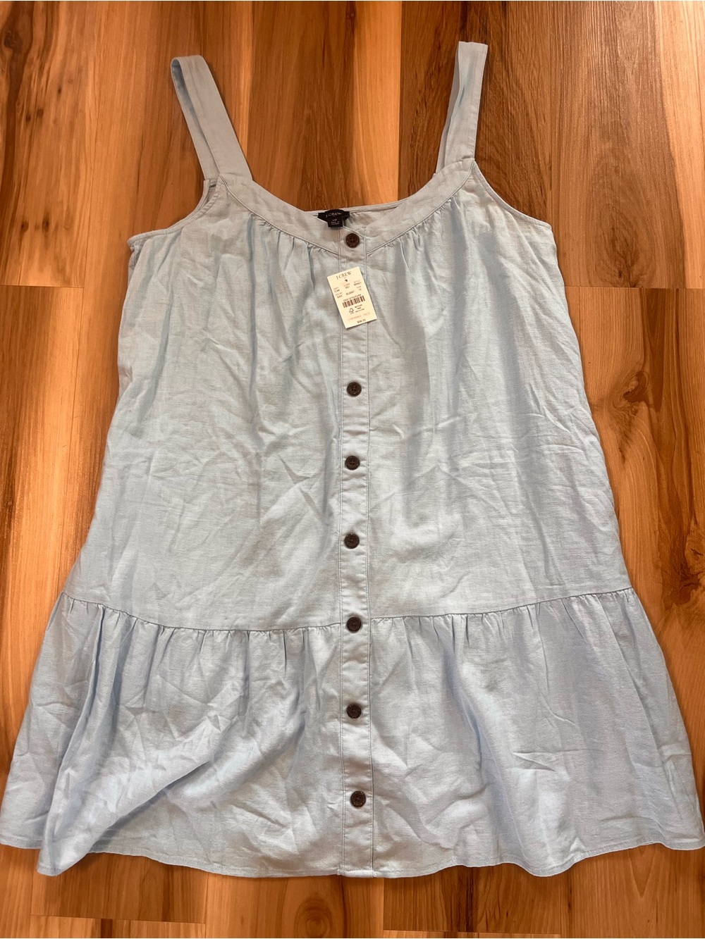 $98 NEW J Crew 12 Linen Blend Button Front Mini Dress Sky Blue Tiered Coquette